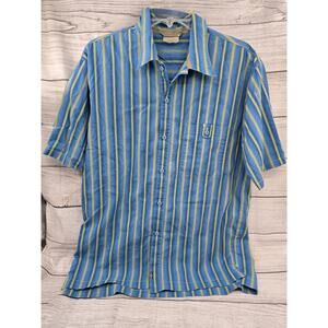 VTG Y2K Salomon Men's Large Blue Green Striped Button up Shirt Gorpcore